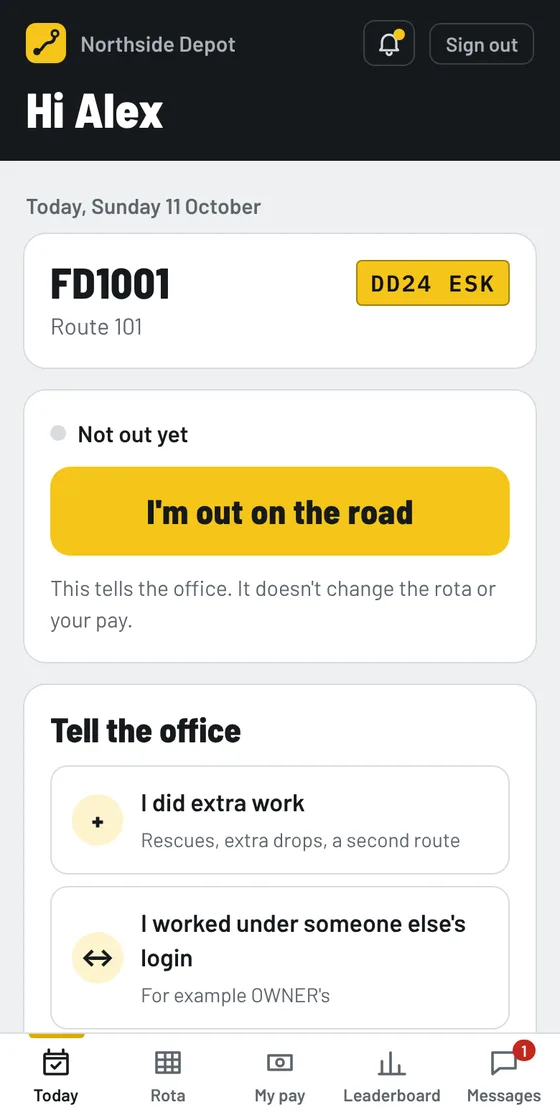 The driver app's Today screen: today's FD, route and van, and an I'm out on the road button